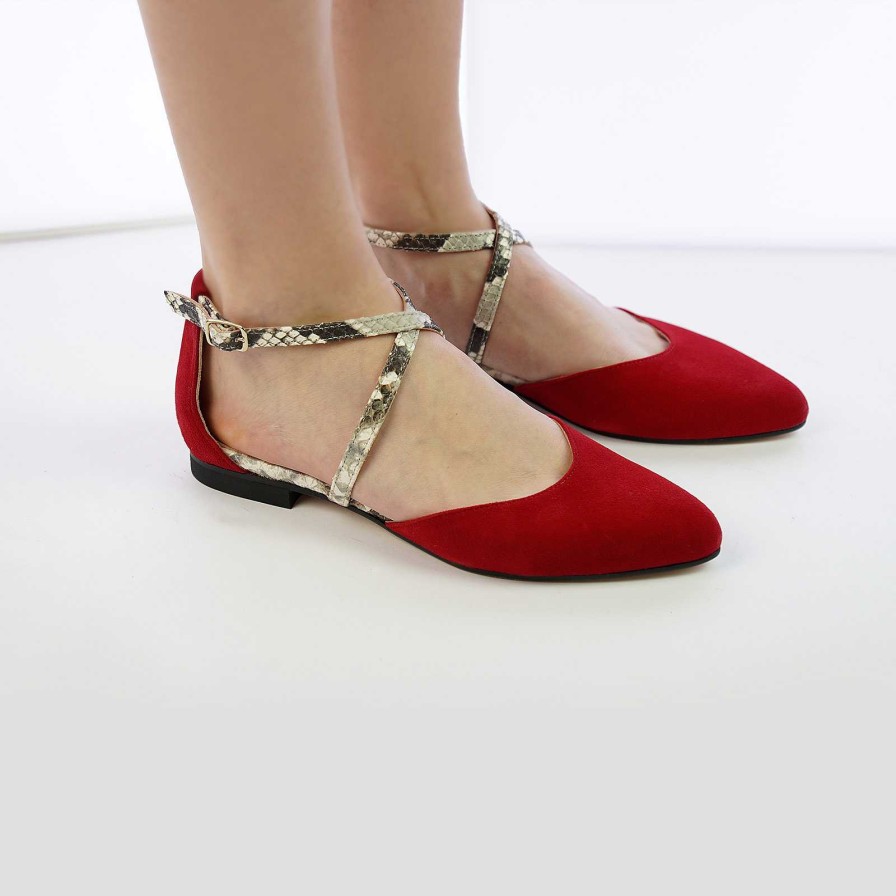 Spring Summer Patty Shoes | Pointed Toe Ballet Flats In Red Suede With Python Ankle Strap