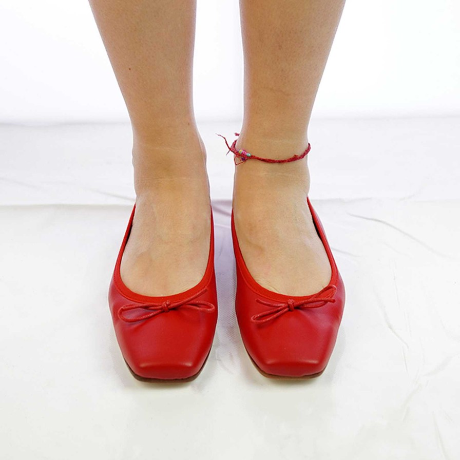 Spring Summer Patty Shoes | Handcrafted Square Toe Ballerinas In Real Red Leather