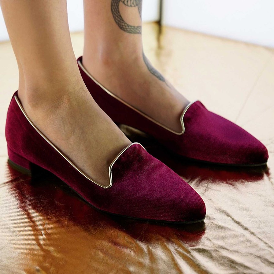 Spring Summer Patty Shoes | Handcrafted Women'S Ballet Flats In Genuine Leather And Burgundy Velvet