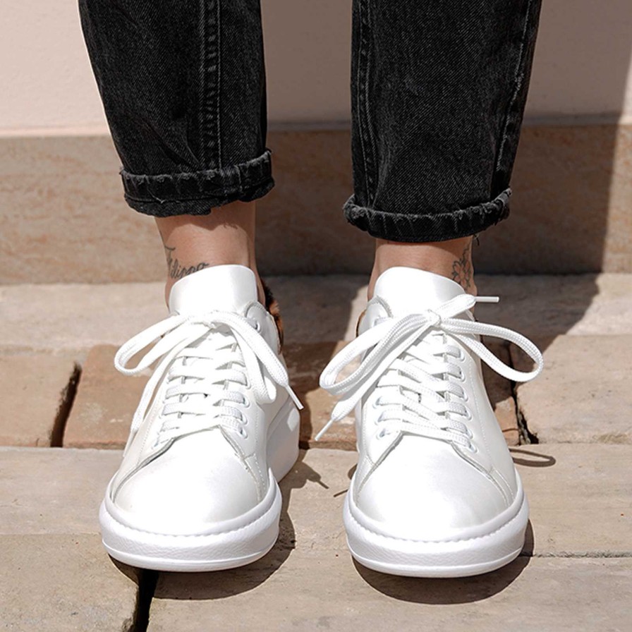 Spring Summer Patty Shoes | Women'S Sneakers In White Genuine Leather With Spotted Pony Skin Heel