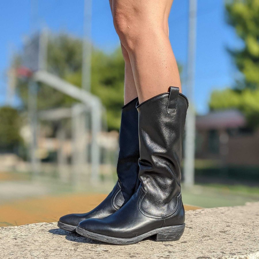 Spring Summer Patty Shoes | Women'S High Texans In Genuine Black Crust Leather