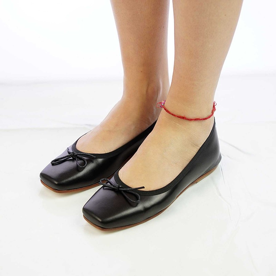 Spring Summer Patty Shoes | Handcrafted Square Toe Ballet Flats In Black Genuine Leather