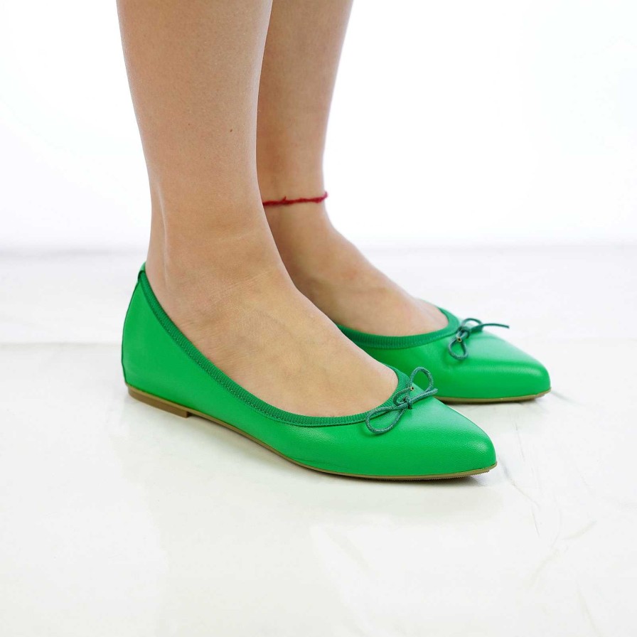 Spring Summer Patty Shoes | Pointed Green Genuine Leather Ballet Flats