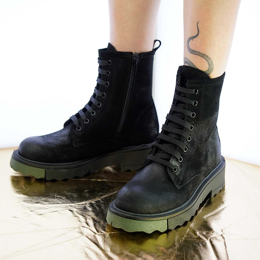 Autumn Winter Patty Shoes | Women'S Black Suede Combat Boots With Side Zip And Green Insert Sole