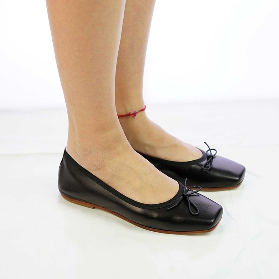 Spring Summer Patty Shoes | Handcrafted Square Toe Ballet Flats In Black Genuine Leather