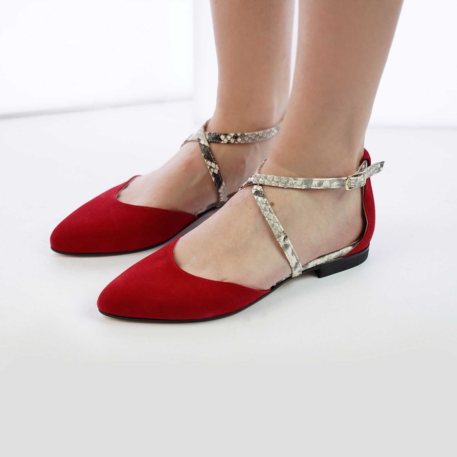 Spring Summer Patty Shoes | Pointed Toe Ballet Flats In Red Suede With Python Ankle Strap