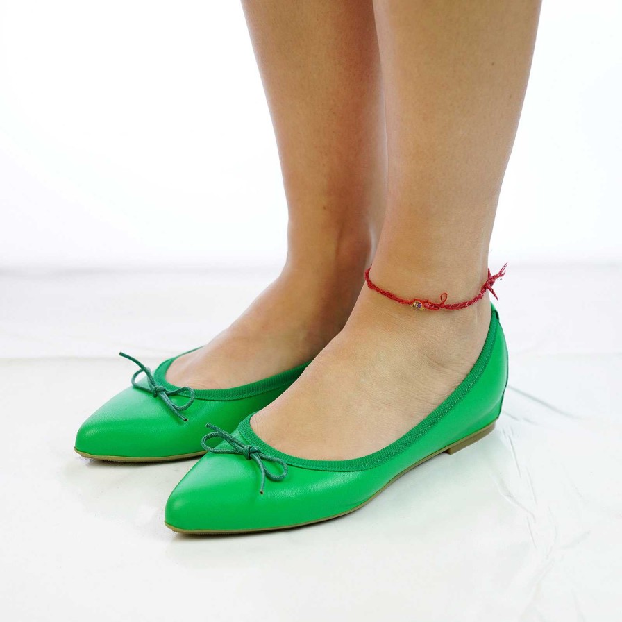 Spring Summer Patty Shoes | Pointed Green Genuine Leather Ballet Flats