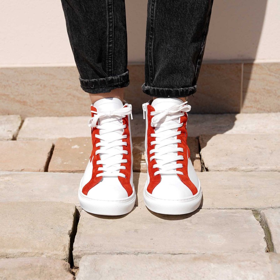 Spring Summer Patty Shoes | Women'S Sneakers In Genuine Leather With White Side Zip And Red Star