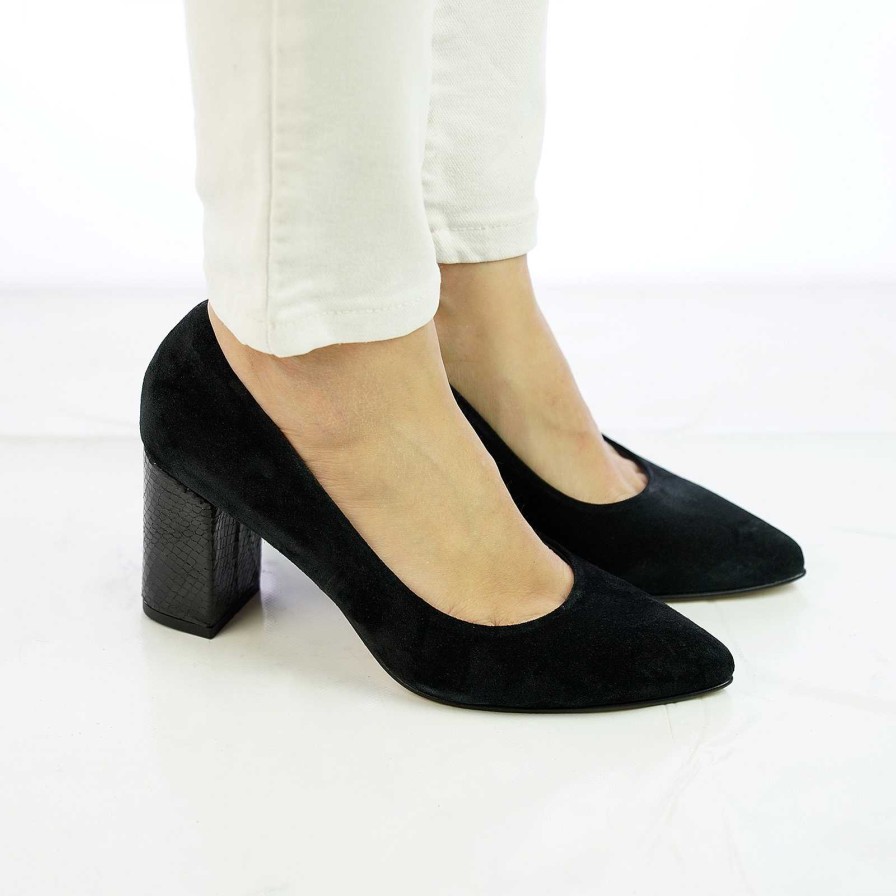 Spring Summer Patty Shoes | Handcrafted Pumps In Black Suede With Python Heel