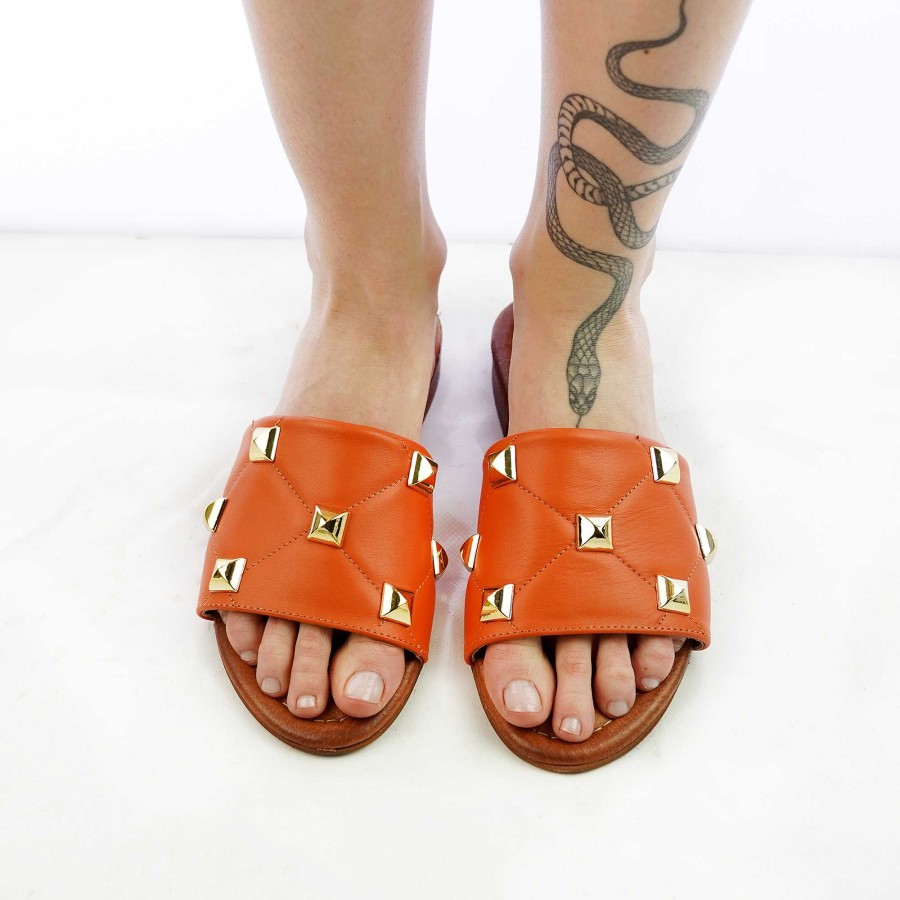 Spring Summer Patty Shoes | Real Leather Slippers With Orange Applications