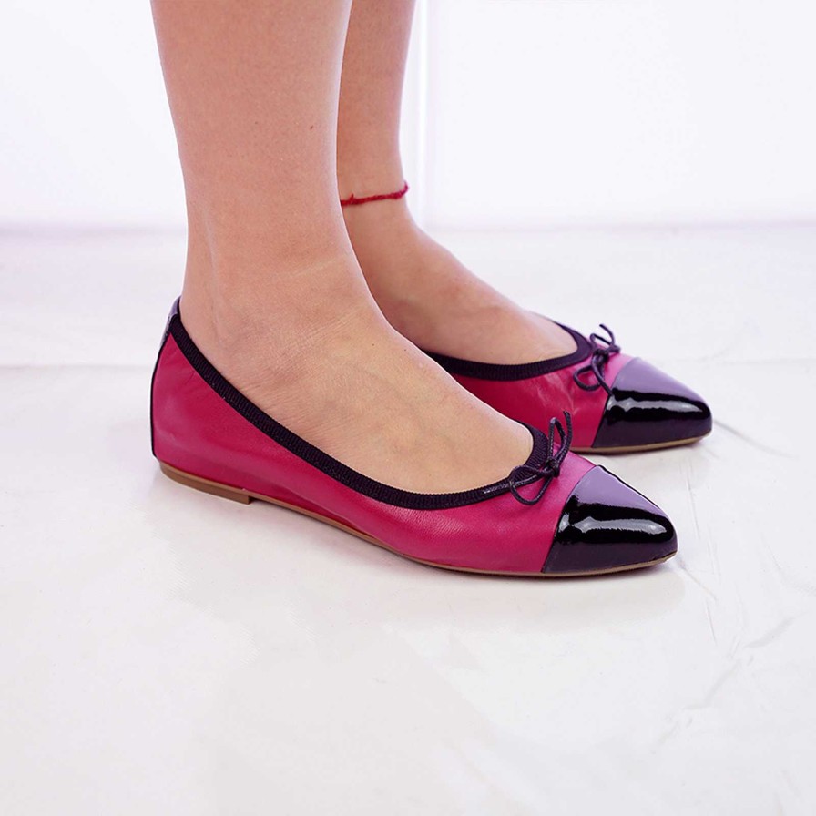 Spring Summer Patty Shoes | Fuchsia Genuine Leather Ballet Flats With Black Toe