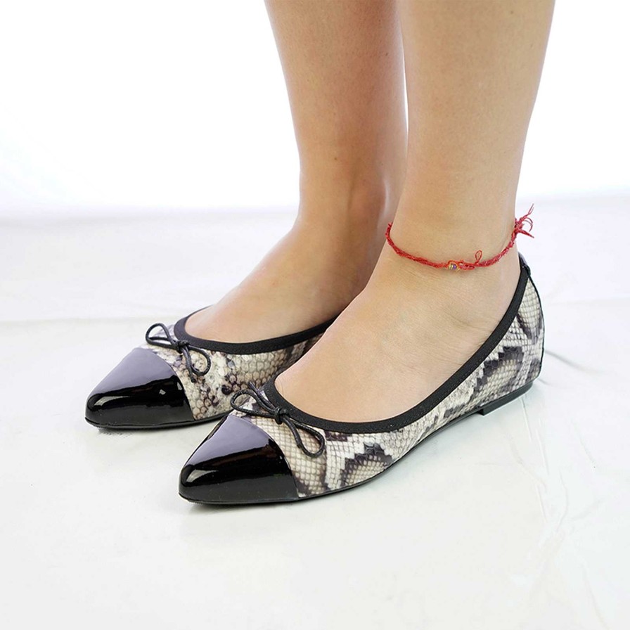 Spring Summer Patty Shoes | Genuine Python Leather Ballet Flats With Black Toe