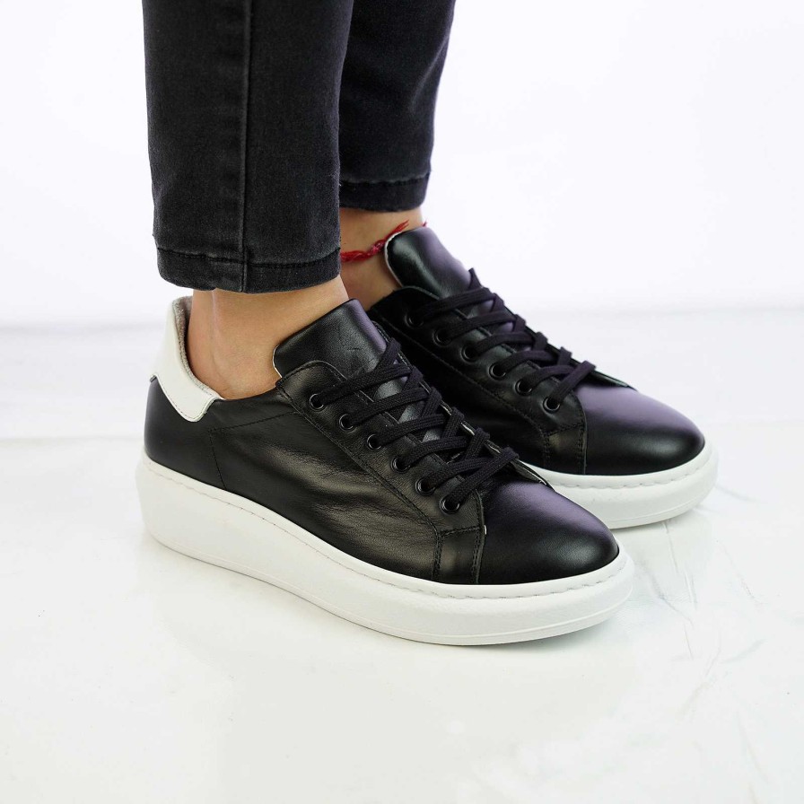 Autumn Winter Patty Shoes | Women'S Genuine Leather Sneakers In Black With White Heel