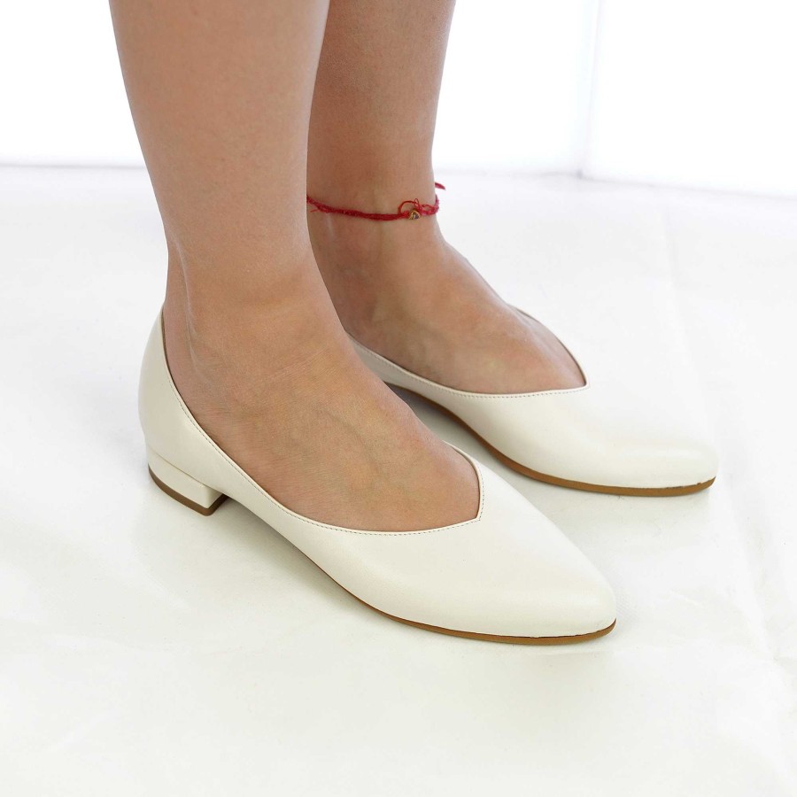 Spring Summer Patty Shoes | Handcrafted Pointed Ballet Flats In Real Milk-Coloured Leather