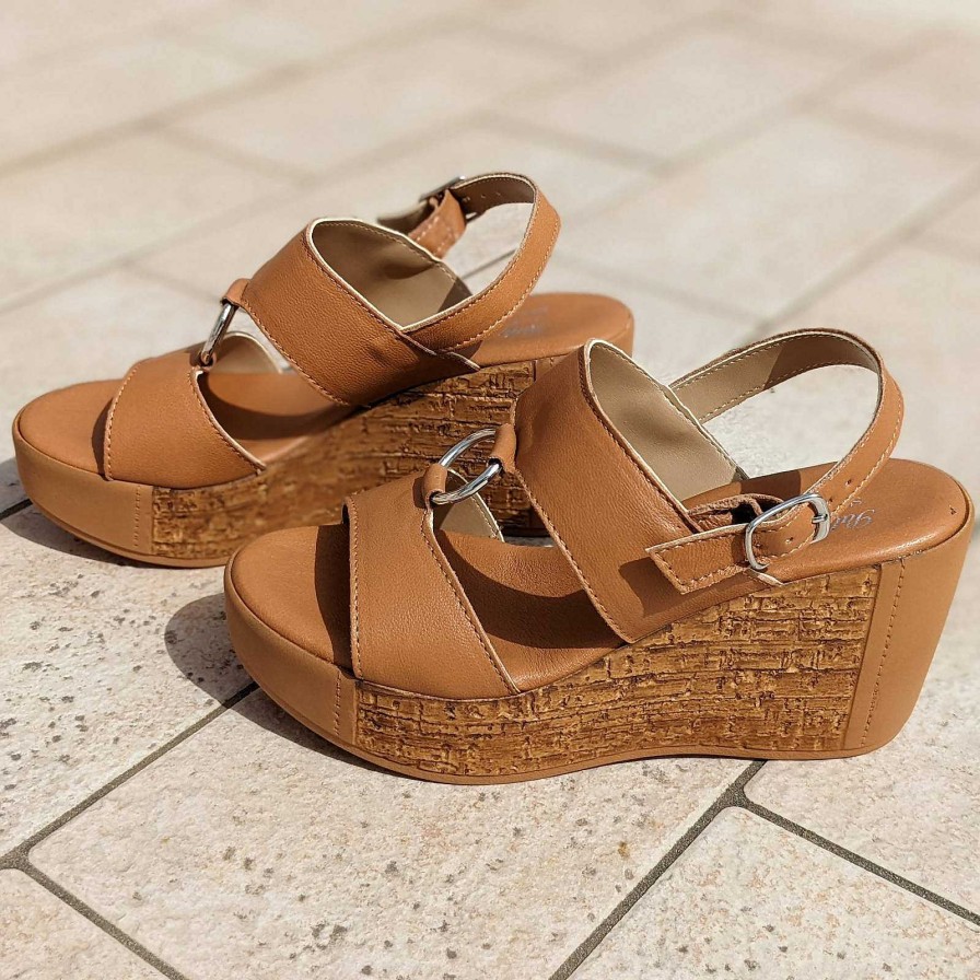 Spring Summer Patty Shoes | Genuine Leather Wedge Sandals With Two Bands And Tan Ankle Strap