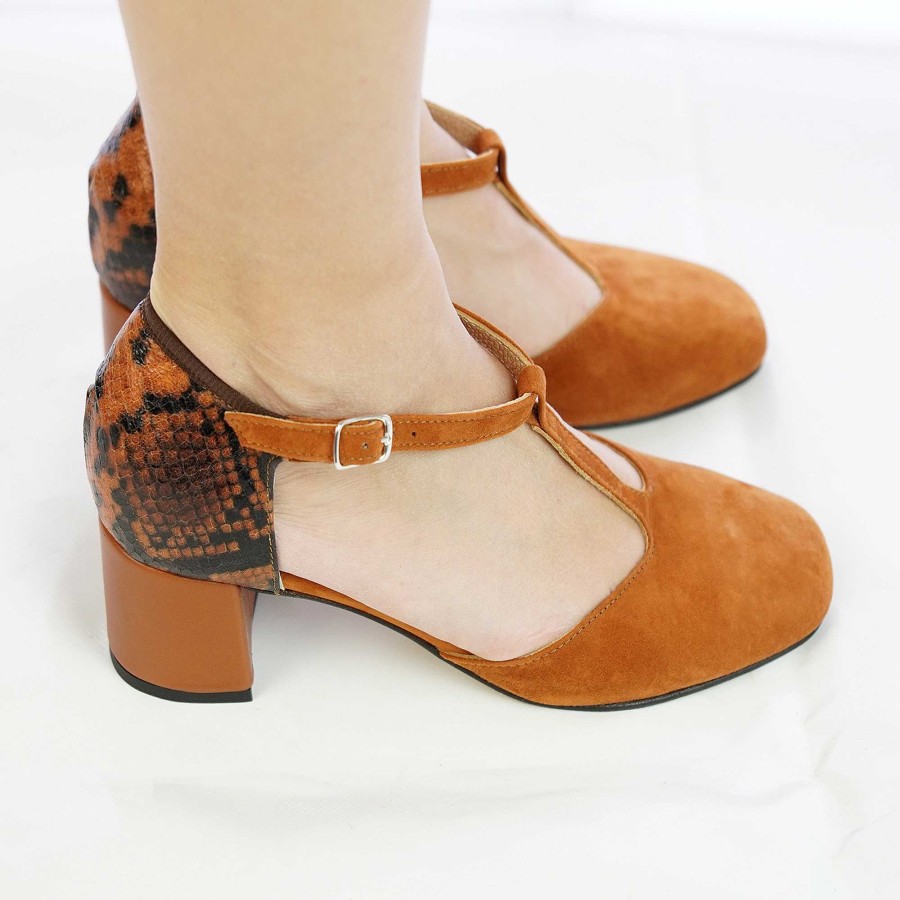 Spring Summer Patty Shoes | Charleston Sandals With Leather-Colored Suede Strap And Python Print Heel