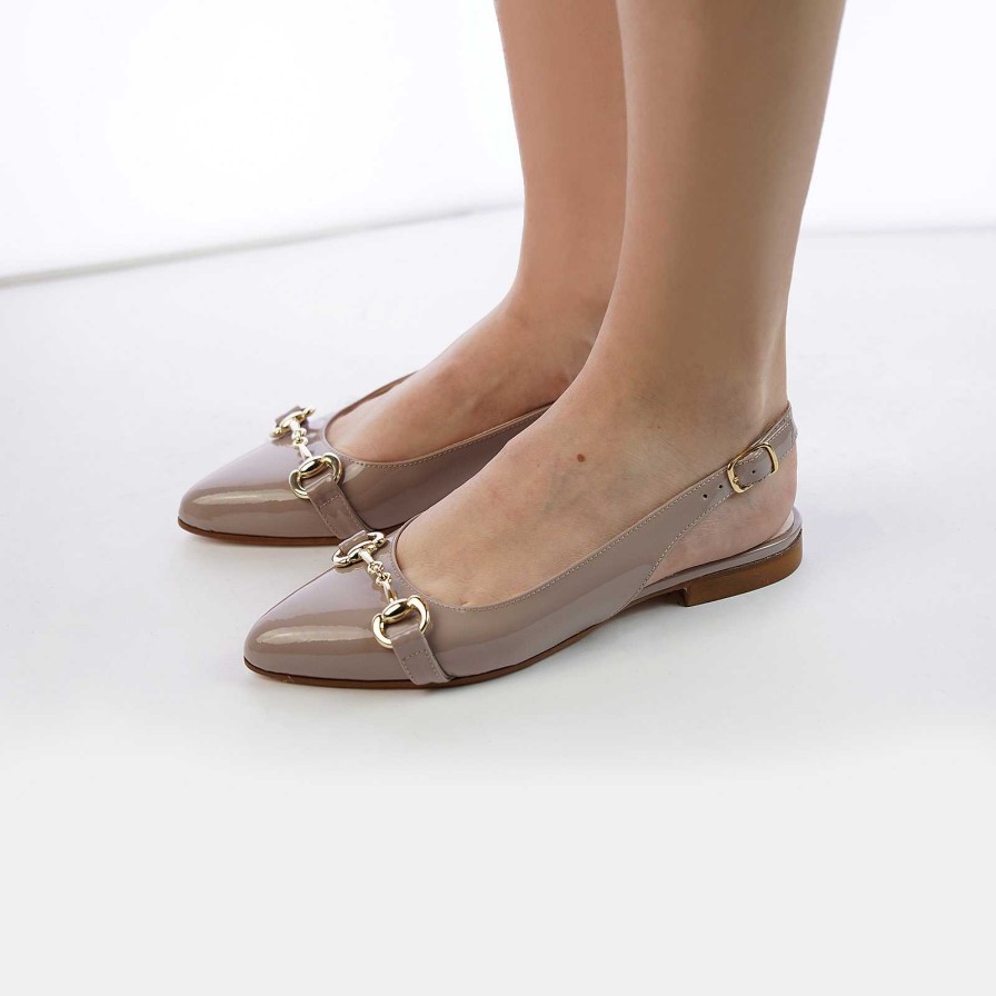 Spring Summer Patty Shoes | Pointed Ballet Flats In Nude Patent Leather With Strap And Horsebit