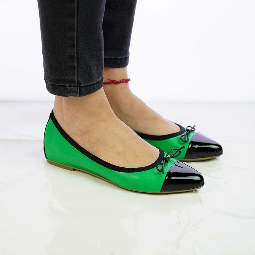 Spring Summer Patty Shoes | Green Genuine Leather Ballet Flats With Black Toe