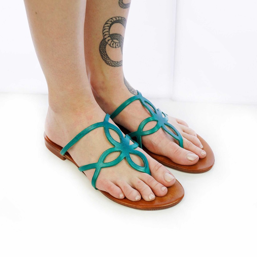 Spring Summer Patty Shoes | Turquoise Genuine Nappa Leather Flip Flops