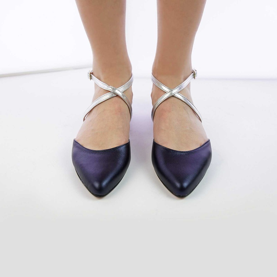 Spring Summer Patty Shoes | Pointed Toe Ballerinas In Blue Genuine Leather With Silver Laminated Ankle Strap