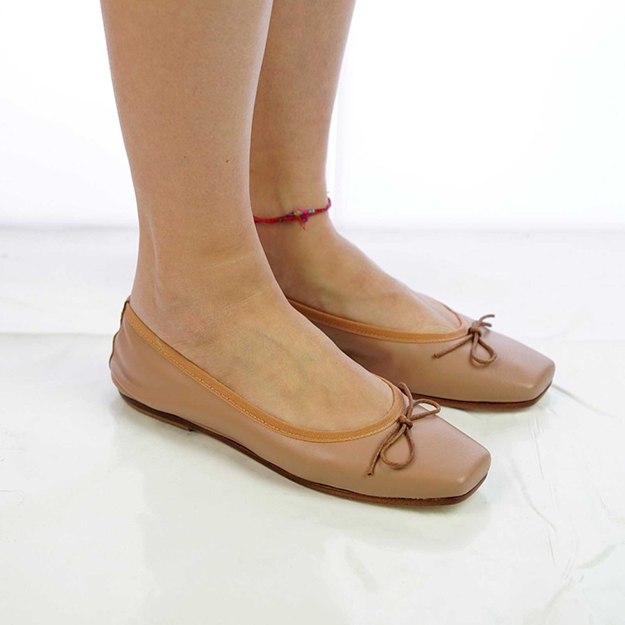 Spring Summer Patty Shoes | Handcrafted Square Toe Ballet Flats In Real Flesh-Coloured Leather