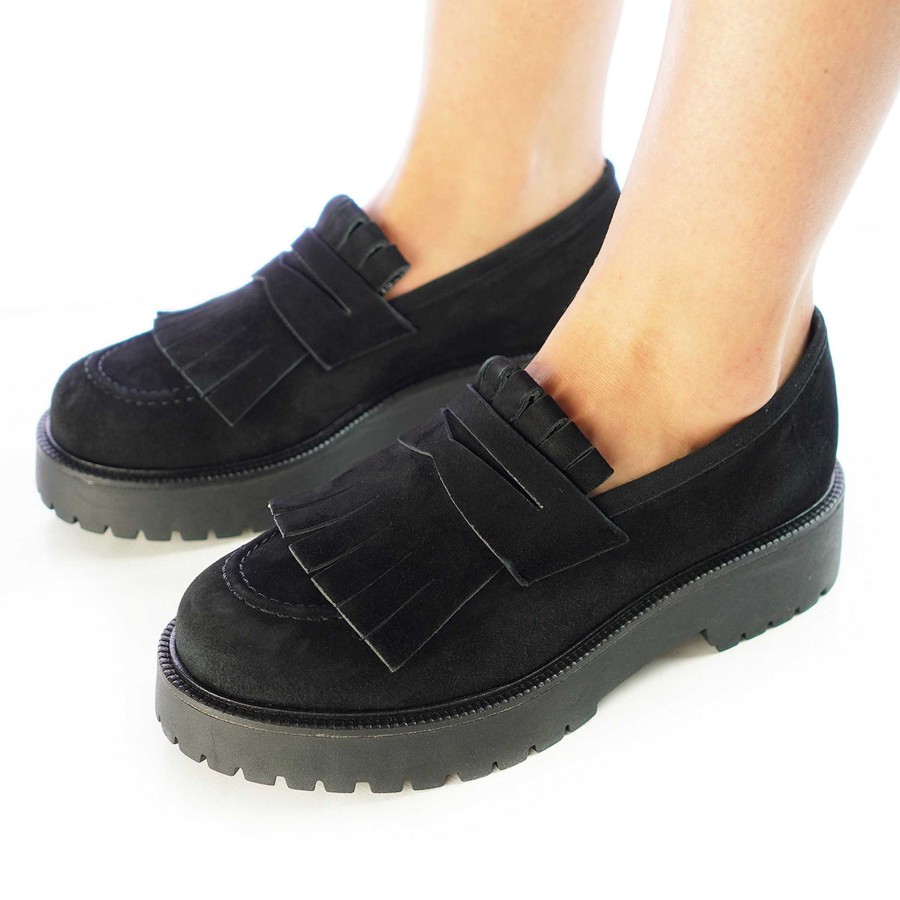 Autumn Winter Patty Shoes | Women'S Moccasins With Fringes In Black Suede