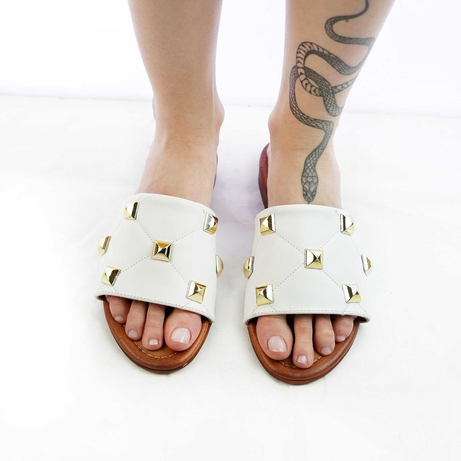 Spring Summer Patty Shoes | Real Leather Slippers With White Applications