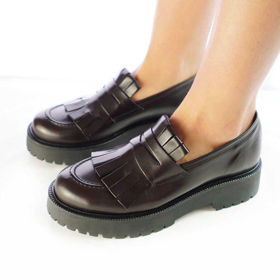 Autumn Winter Patty Shoes | Women'S Moccasins With Fringes In Dark Brown Nappa Leather