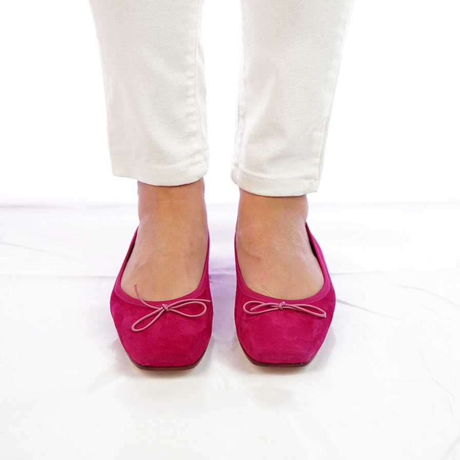 Spring Summer Patty Shoes | Handcrafted Square Toe Ballet Flats In Fuchsia Colored Suede