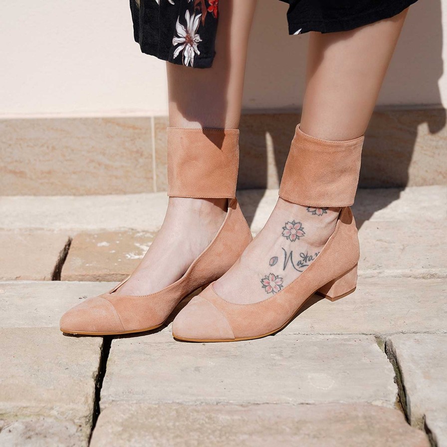 Spring Summer Patty Shoes | Powder Colored Suede Decollete With Back Zip And Ankle Band