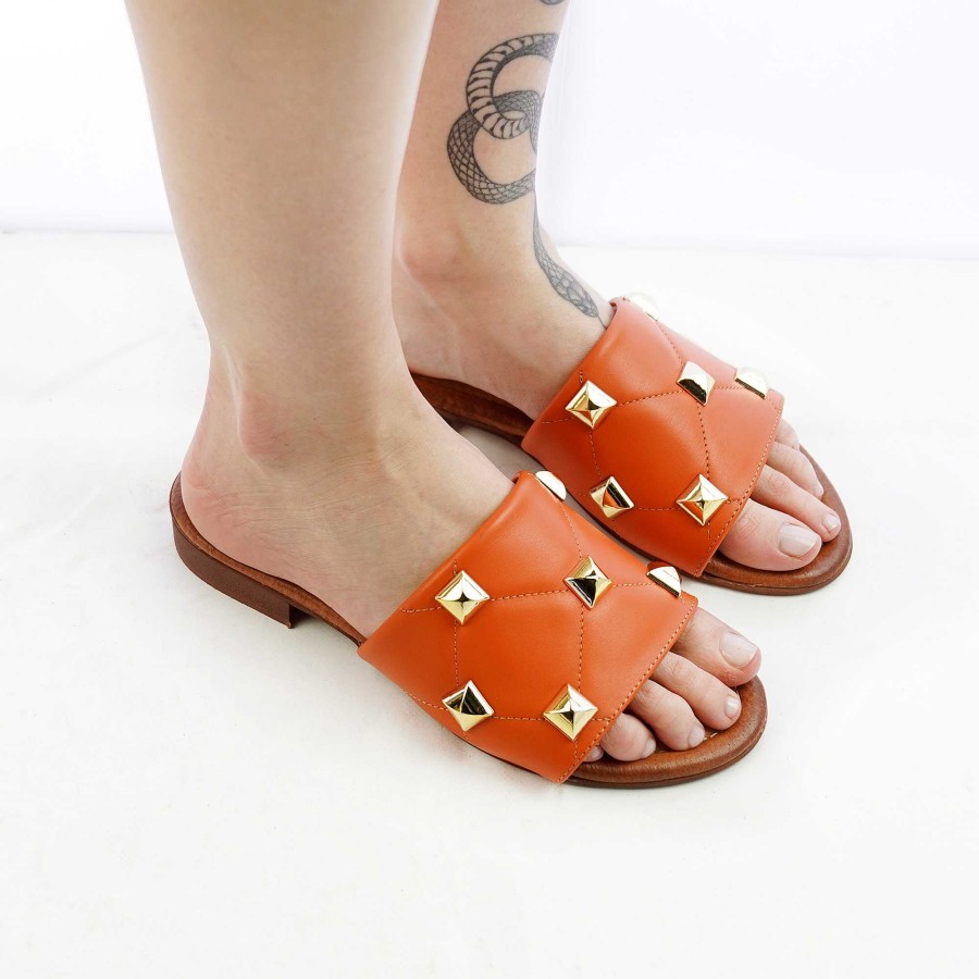 Spring Summer Patty Shoes | Real Leather Slippers With Orange Applications