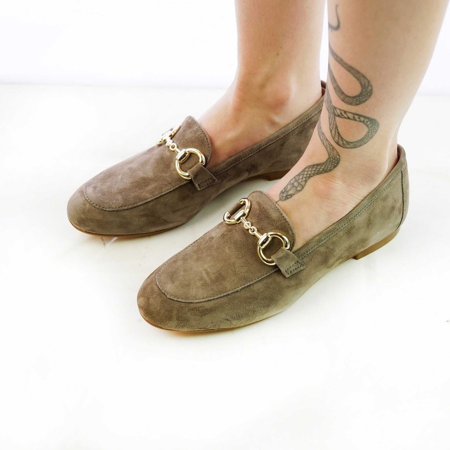 Autumn Winter Patty Shoes | Women'S Handcrafted Suede Moccasins With Horsebit In Taupe Color