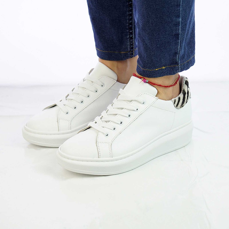 Spring Summer Patty Shoes | Women'S White Genuine Leather Sneakers With Zebra-Striped Pony Heel