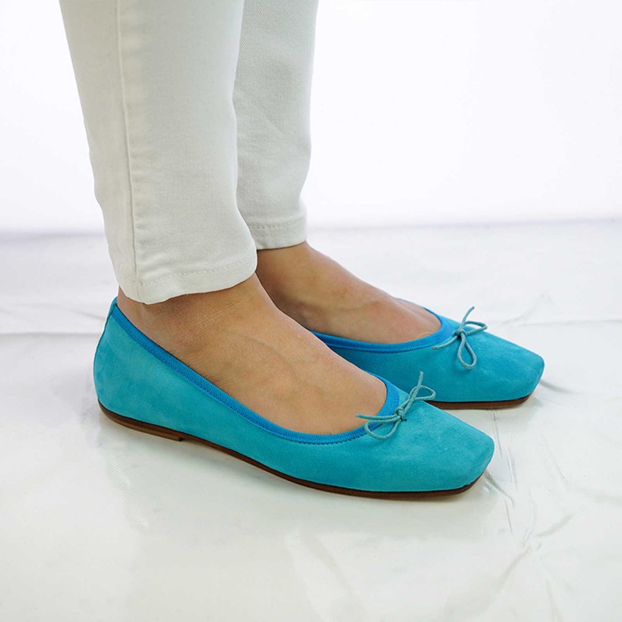 Spring Summer Patty Shoes | Handmade Square Toe Ballet Flats In Turquoise Suede