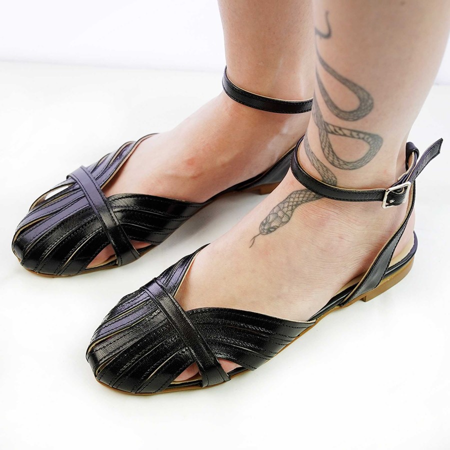 Spring Summer Patty Shoes | Striped Sandals In Black Laminated Nappa Leather