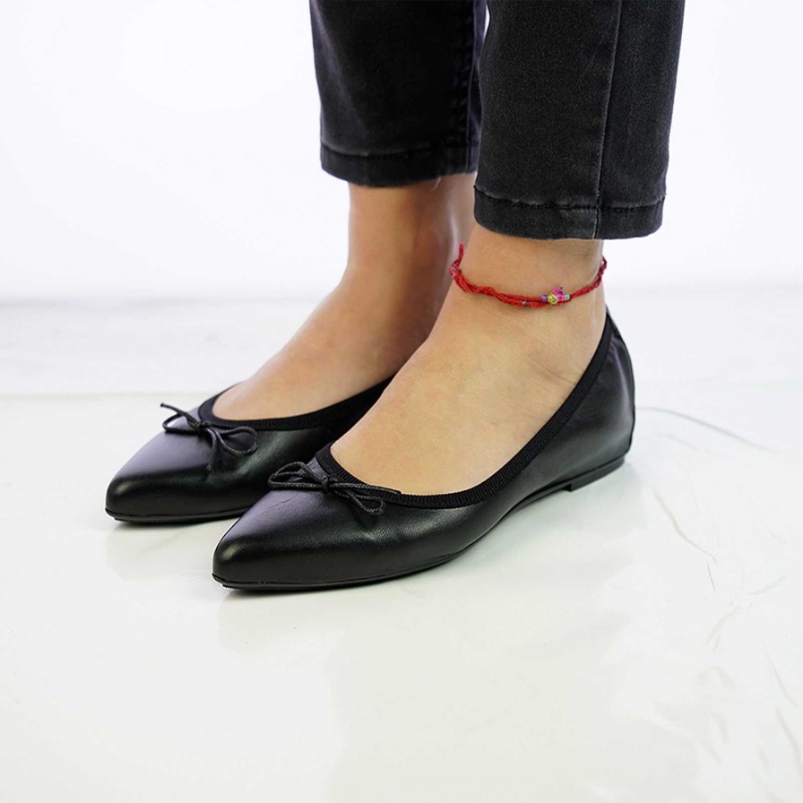 Spring Summer Patty Shoes | Black Genuine Leather Pointed Toe Ballet Flats