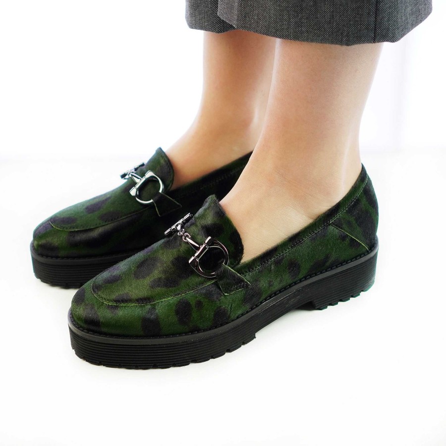 Autumn Winter Patty Shoes | Handcrafted Women'S Moccasins In Real Pony Skin, Green Color