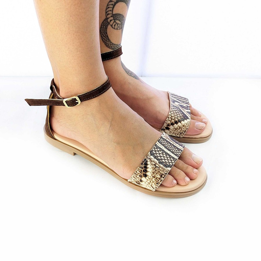 Spring Summer Patty Shoes | Flat Sandals With Band And Ankle Strap In Python Color And Dark Brown Suede