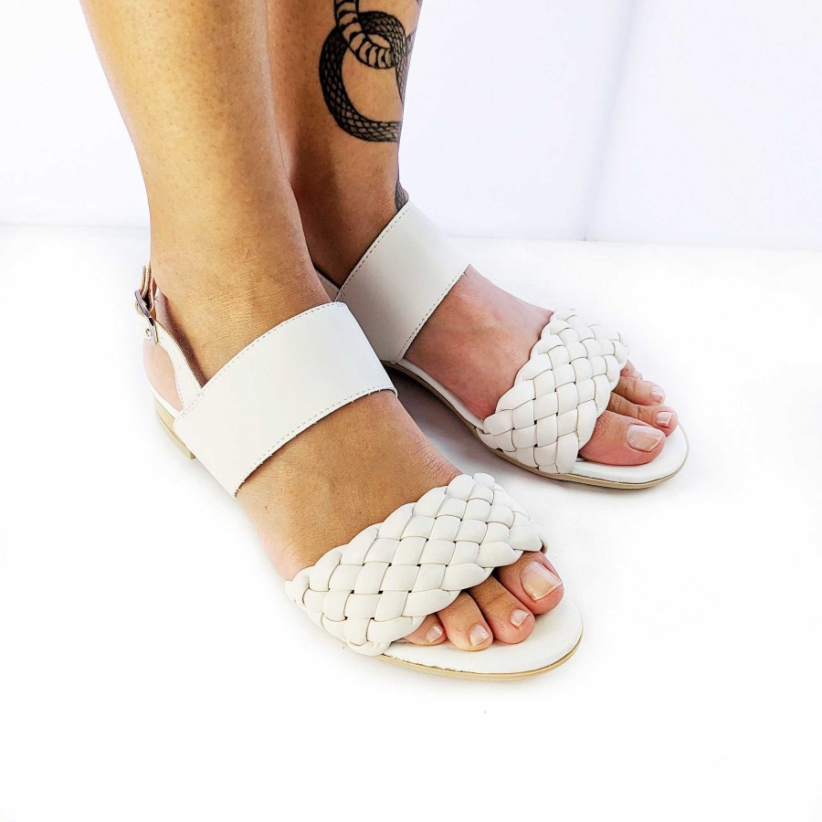 Spring Summer Patty Shoes | White Nappa Sandals With Woven Band And Ankle Strap