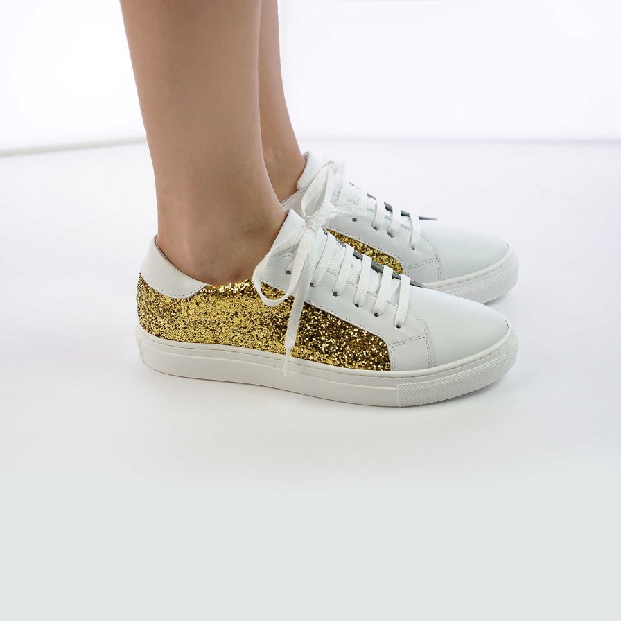 Spring Summer Patty Shoes | Women'S Sneakers In White Genuine Leather With Gold Glitter Insert