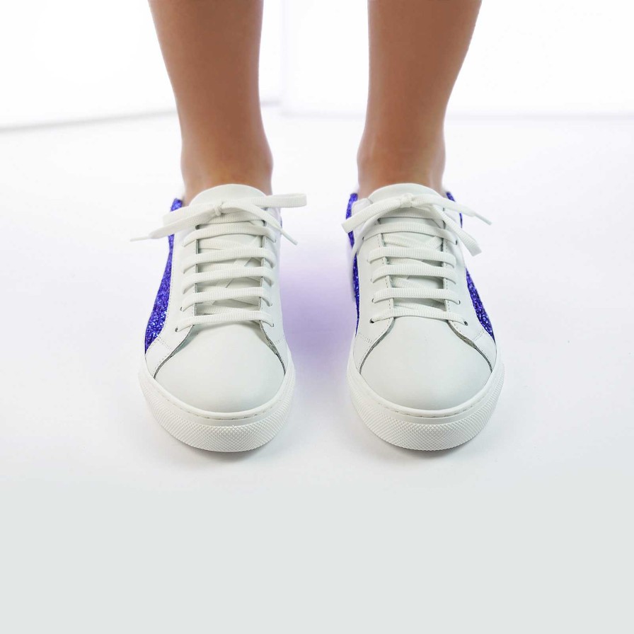 Spring Summer Patty Shoes | Women'S Sneakers In White Genuine Leather With Electric Blue Glitter Insert