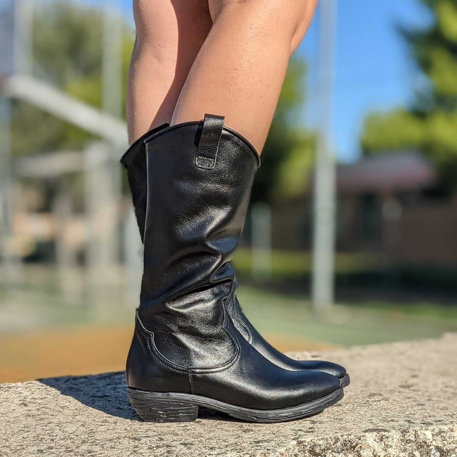 Spring Summer Patty Shoes | Women'S High Texans In Genuine Black Crust Leather