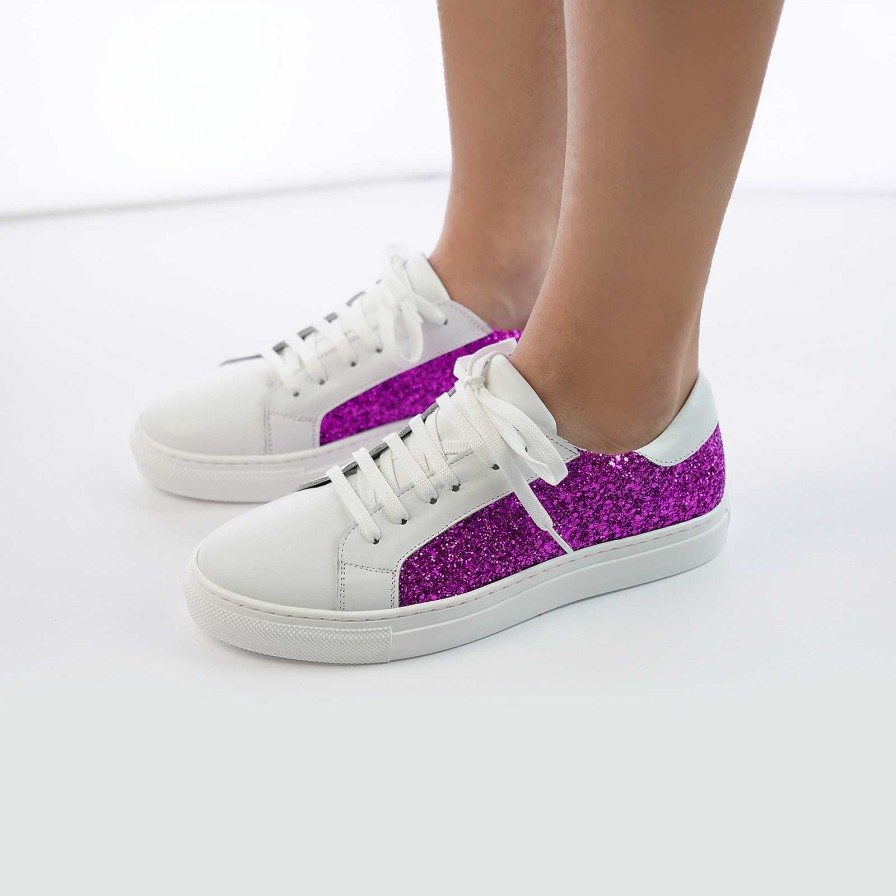 Spring Summer Patty Shoes | Women'S Sneakers In White Genuine Leather With Electric Fuchsia Glitter Insert