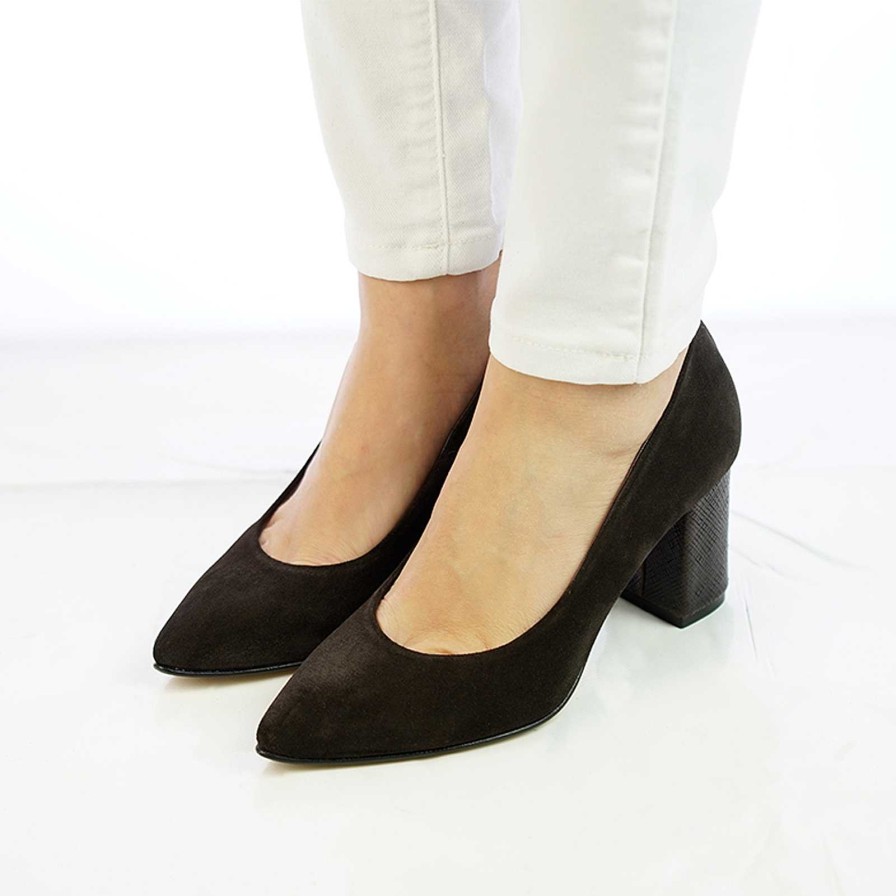 Spring Summer Patty Shoes | Handcrafted Pumps In Dark Brown Suede With Python Heel