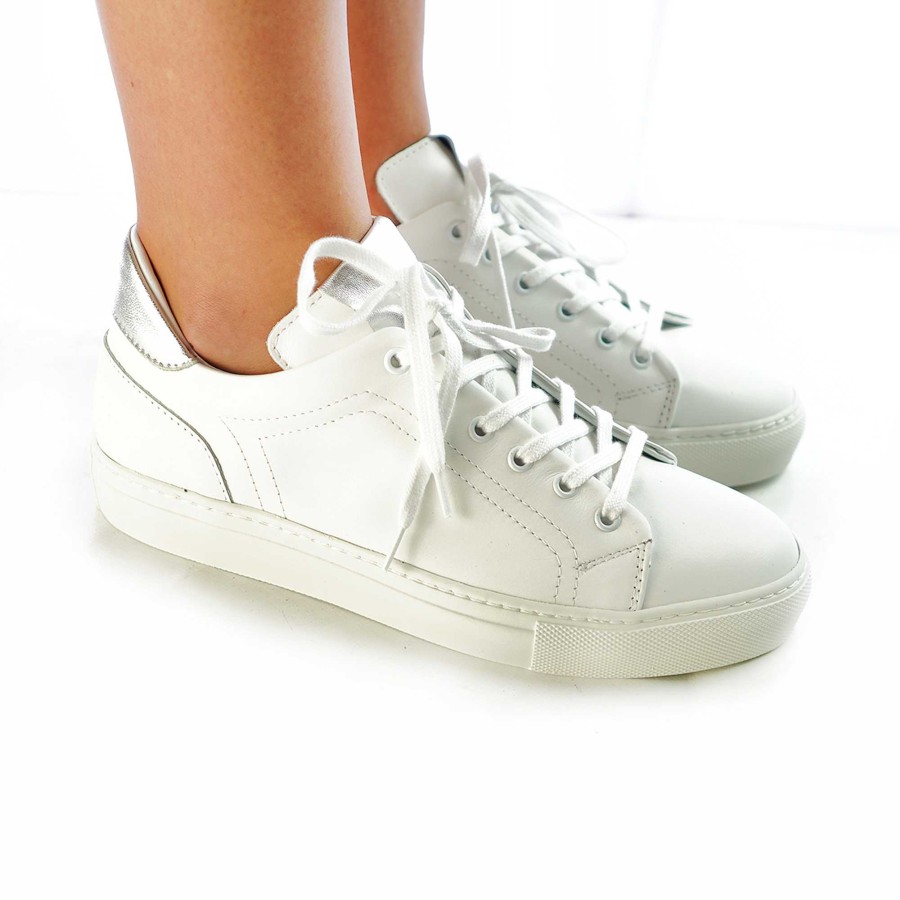 Autumn Winter Patty Shoes | White Women'S Genuine Leather Sneakers With Silver Inserts