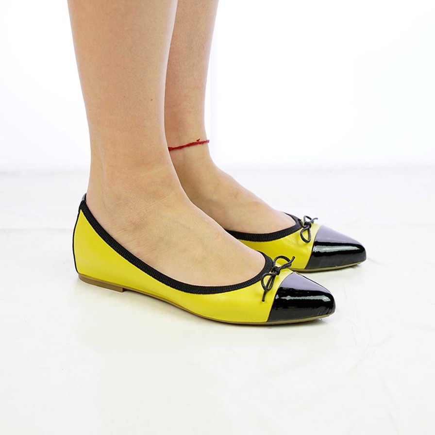 Spring Summer Patty Shoes | Yellow Genuine Leather Ballet Flats With Black Toe