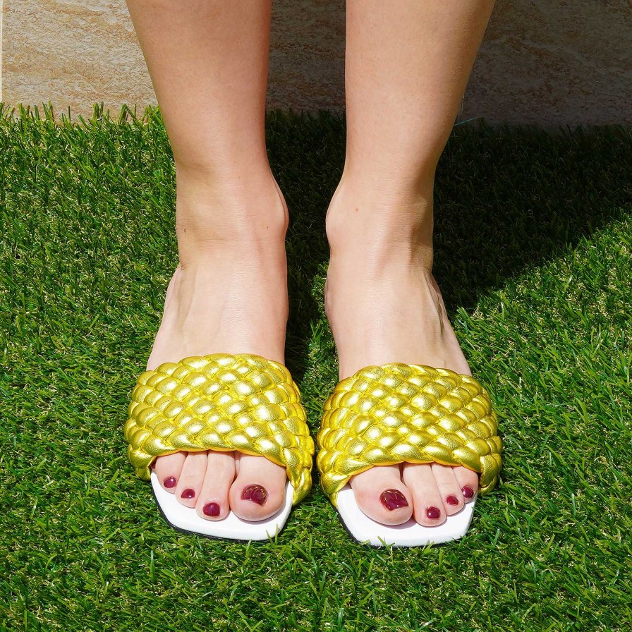 Spring Summer Patty Shoes | Yellow Woven Genuine Leather Walking Slippers, 1Cm Heel