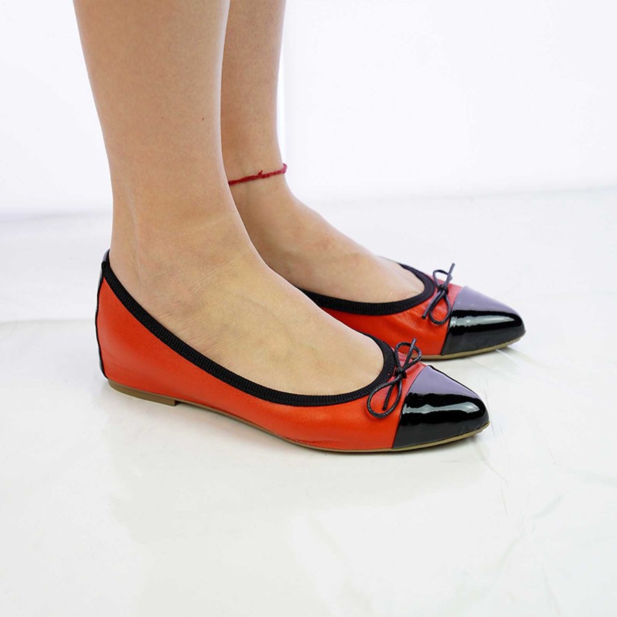 Spring Summer Patty Shoes | Coral Colored Genuine Leather Ballet Flats With Black Toe