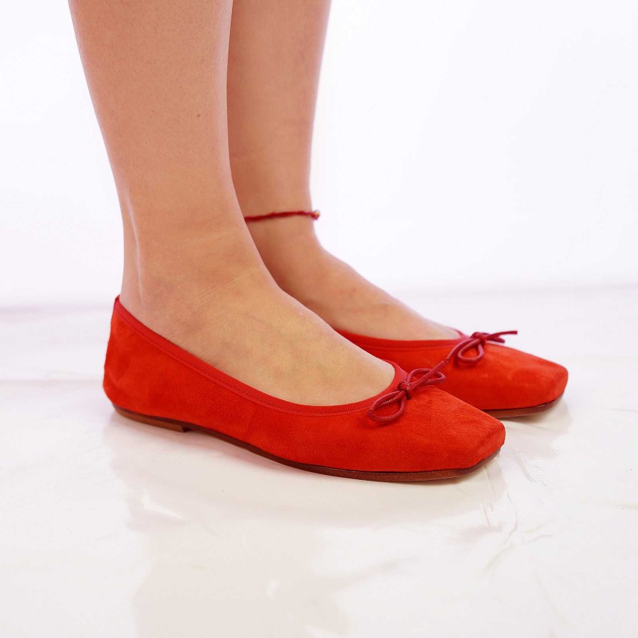 Spring Summer Patty Shoes | Handcrafted Square Toe Ballet Flats In Coral Suede