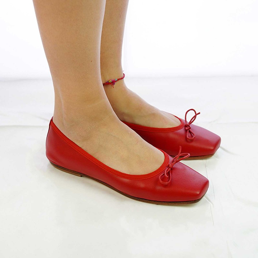 Spring Summer Patty Shoes | Handcrafted Square Toe Ballerinas In Real Red Leather